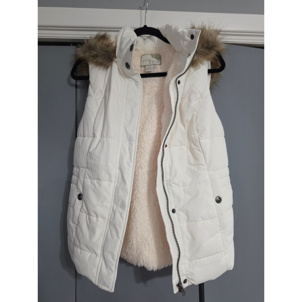 Green Tea Puffer Vest Womens Small White Removable Hood Faux Fur Trim